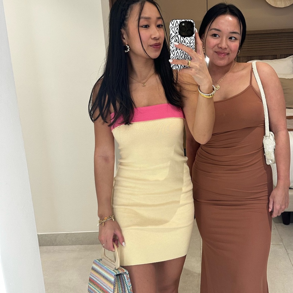 Pink and Yellow strapless dress